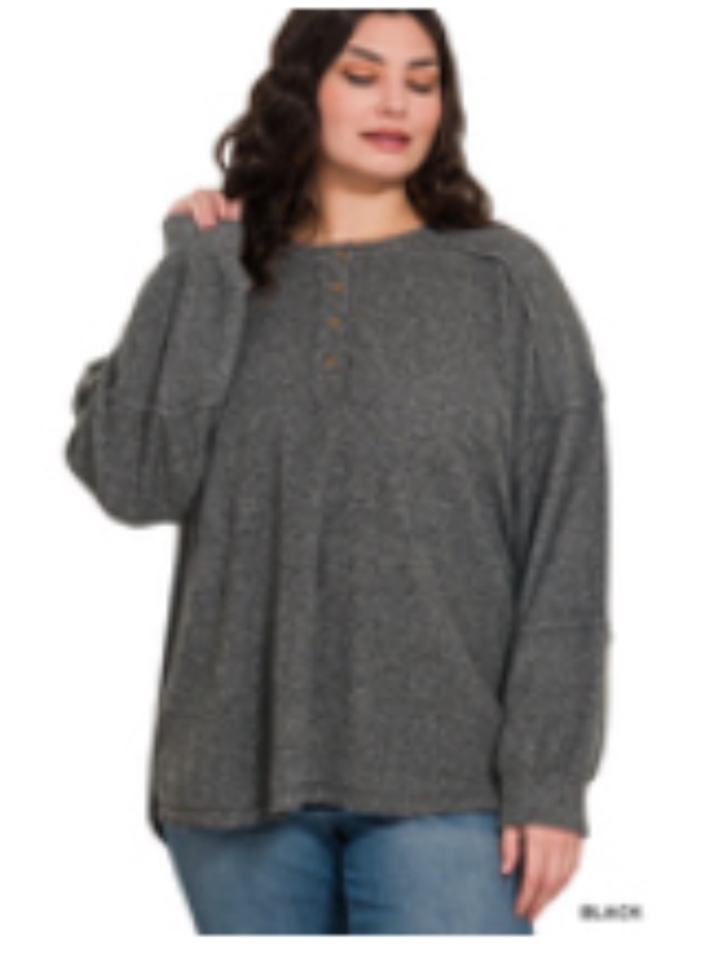 #1345 Zenana Full Size Ribbed Brushed Hacci Melange Henley Sweater Plus Size